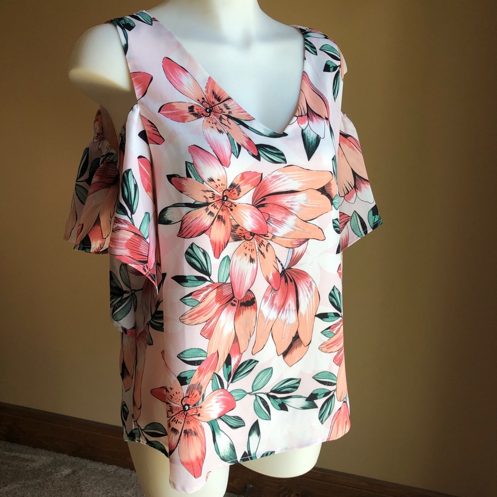 Cooper & Ella Pink Tropical Cold Shoulder Top